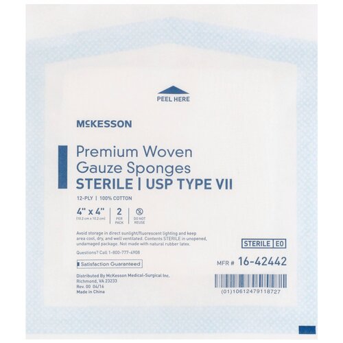 MON446047CS - McKesson - McKesson USP Type VII Gauze Sponge Cotton 12-Ply 4 x 4&quot; Square Sterile, 600 EA/CS