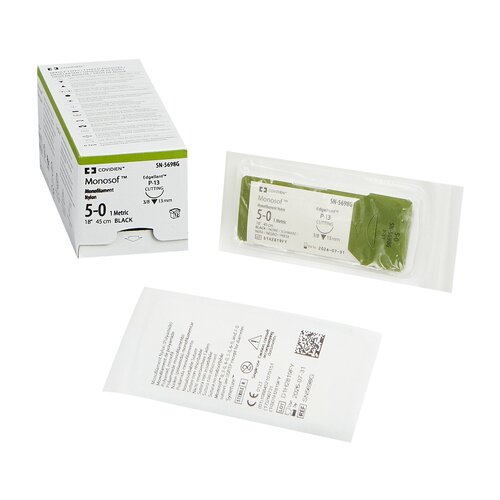 MON465232BX - Covidien - Nonabsorbable Suture with Needle Monosof~Dermalon Nylon P-13 3/8 Circle Precision Reverse Cutting Needle Size 5 - 0 Monofilament, 12 per Box
