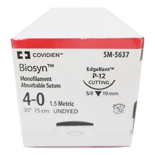 MON478710BX - Covidien - Suture with Needle Biosyn Absorbable Undyed Monofilament Polyester Size 4 - 0 30 Inch Suture 1-Needle 19 mm Length 3/8 Circle Reverse Cutting Needle, 12/BX