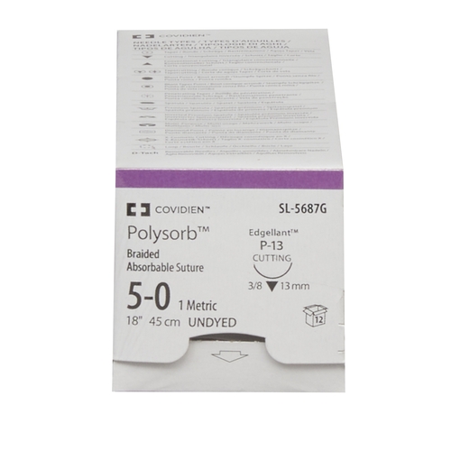 MON480910BX - Covidien - Suture with Needle Polysorb Absorbable Undyed Braided Polyester Size 5 - 0 18 Inch Suture 1-Needle 13 mm Length 3/8 Circle Reverse Cutting Needle, 12/BX