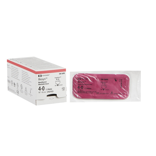 MON481390BX - Covidien - Absorbable Suture with Needle Biosyn&trade; Polyester P-13 3/8 Circle Precision Reverse Cutting Needle Size 4 - 0 Monofilament