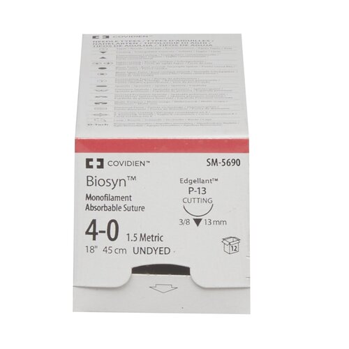 MON481390BX - Covidien - Absorbable Suture with Needle Biosyn&trade; Polyester P-13 3/8 Circle Precision Reverse Cutting Needle Size 4 - 0 Monofilament