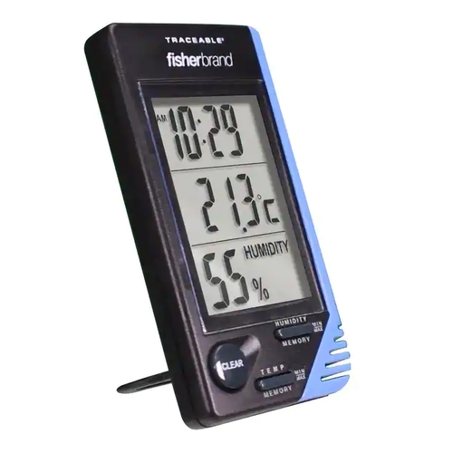 MON482112EA - PANTek Technologies - Thermometer / Clock / Humidity Monitor Fisherbrand Traceable Fahrenheit / Celsius 32-&deg; to 122-&deg;F (0-&deg; to 50-&deg;C) Internal Sensor Flip-out Stand / Wall Mount Battery Operated, 1/EA