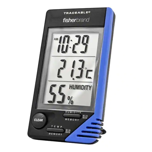 MON482112EA - PANTek Technologies - Thermometer / Clock / Humidity Monitor Fisherbrand Traceable Fahrenheit / Celsius 32-&deg; to 122-&deg;F (0-&deg; to 50-&deg;C) Internal Sensor Flip-out Stand / Wall Mount Battery Operated, 1/EA