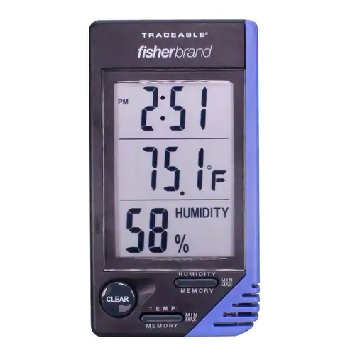 MON482112EA - PANTek Technologies - Thermometer / Clock / Humidity Monitor Fisherbrand Traceable Fahrenheit / Celsius 32-&deg; to 122-&deg;F (0-&deg; to 50-&deg;C) Internal Sensor Flip-out Stand / Wall Mount Battery Operated, 1/EA