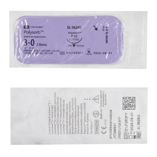 MON483330BX - Covidien - Absorbable Suture with Needle Polysorb&trade; Polyester P-12 3/8 Circle Precision Reverse Cutting Needle Size 3 - 0 Braided
