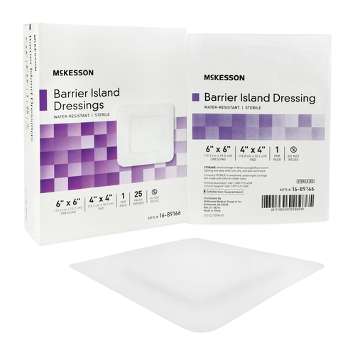 MON488921CS - McKesson - McKesson Composite Barrier Island Dressing Water Resistant 6" x 6" Polypropylene / Rayon 4" x 4" Pad Sterile, 100 EA/CS