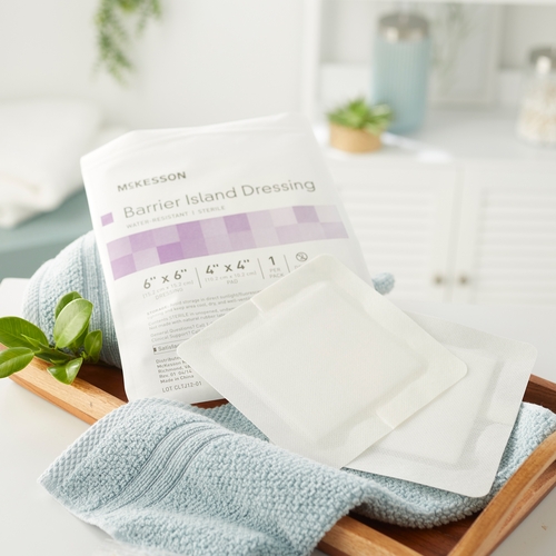 MON488921CS - McKesson - McKesson Composite Barrier Island Dressing Water Resistant 6" x 6" Polypropylene / Rayon 4" x 4" Pad Sterile, 100 EA/CS