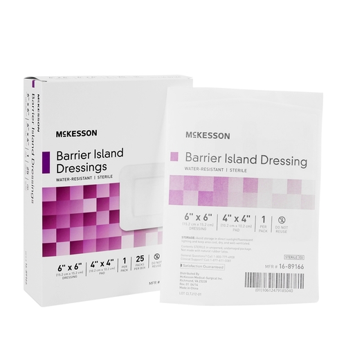 MON488921CS - McKesson - McKesson Composite Barrier Island Dressing Water Resistant 6" x 6" Polypropylene / Rayon 4" x 4" Pad Sterile, 100 EA/CS