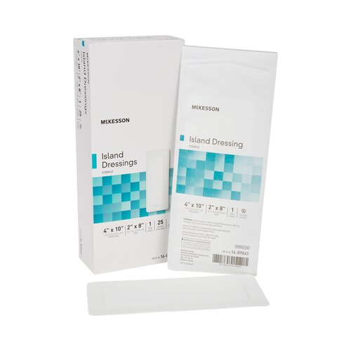 MON488925CS - McKesson - McKesson Adhesive Island Dressing 4" x 10" Polypropylene / Rayon Rectangle 2" x 8" Pad White Sterile, 100 EA/CS