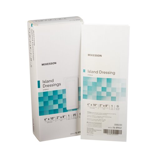 MON488925CS - McKesson - McKesson Adhesive Island Dressing 4" x 10" Polypropylene / Rayon Rectangle 2" x 8" Pad White Sterile, 100 EA/CS