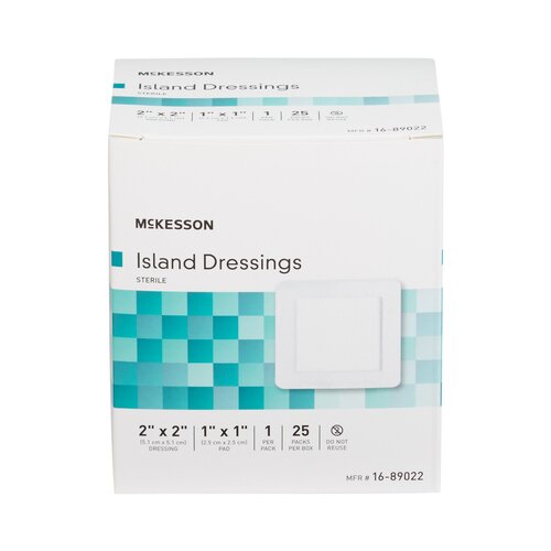 MON491825CS - McKesson - McKesson Adhesive Island Dressing 2" x 2" Polypropylene / Rayon Square 1" x 1" Pad White Sterile, 100 EA/CS