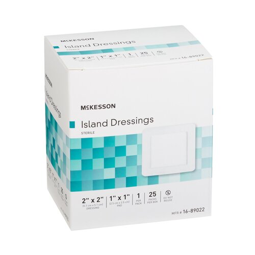 MON491825CS - McKesson - McKesson Adhesive Island Dressing 2" x 2" Polypropylene / Rayon Square 1" x 1" Pad White Sterile, 100 EA/CS