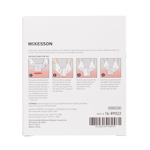 MON491825CS - McKesson - McKesson Adhesive Island Dressing 2" x 2" Polypropylene / Rayon Square 1" x 1" Pad White Sterile, 100 EA/CS