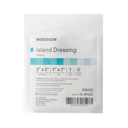 MON491825CS - McKesson - McKesson Adhesive Island Dressing 2" x 2" Polypropylene / Rayon Square 1" x 1" Pad White Sterile, 100 EA/CS