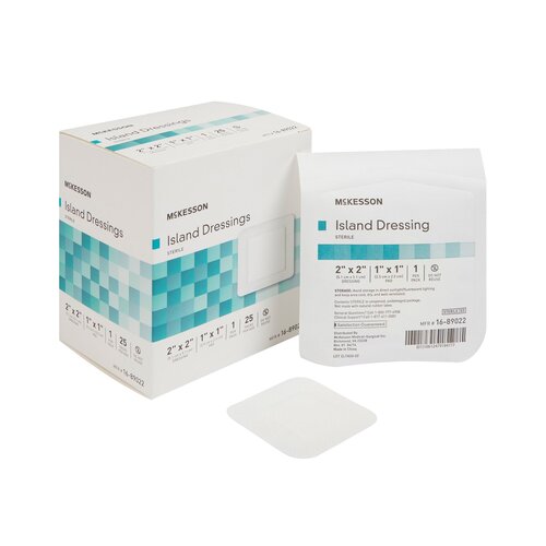 MON491825CS - McKesson - McKesson Adhesive Island Dressing 2" x 2" Polypropylene / Rayon Square 1" x 1" Pad White Sterile, 100 EA/CS