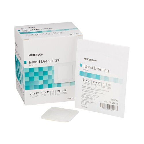 MON491825CS - McKesson - McKesson Adhesive Island Dressing 2" x 2" Polypropylene / Rayon Square 1" x 1" Pad White Sterile, 100 EA/CS