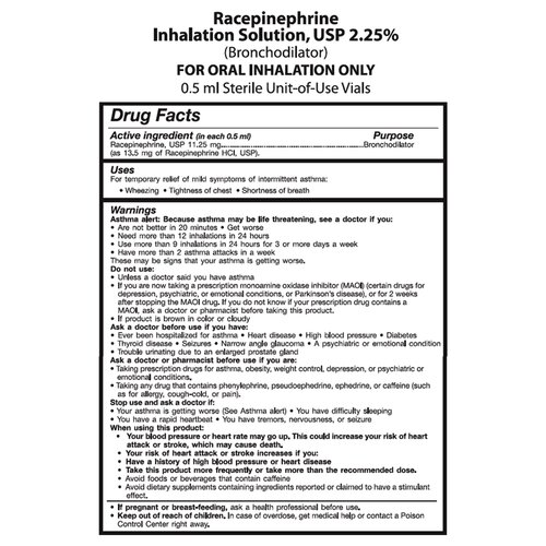 MON512106CT - Nephron Pharmaceutical - Inhalation Solution Racepinephrine 2.25% Bronchodilator Solution Vial 0.5 ml, 30 EA/CT