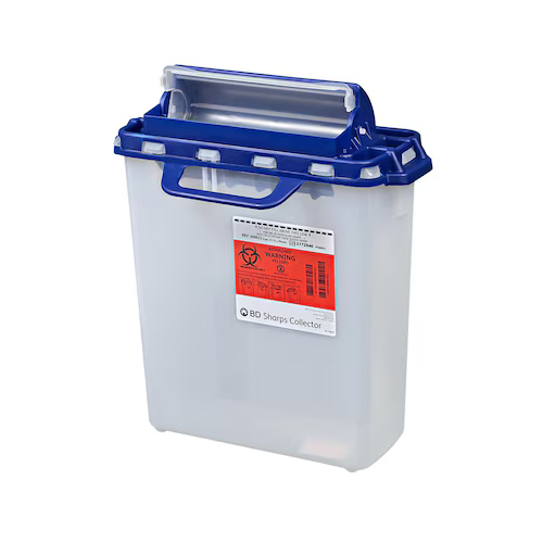 MON533757CS - BD - BD Pharmaceutical Sharps Container, Horizontal Drop, 16" x 13-1/2" x 6", 3 Gallon, White Base, Blue Lid, Counter Balanced Lid, 10 EA/CS