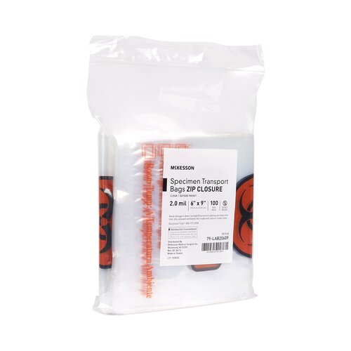 MON547075PK - McKesson - McKesson Specimen Transport Bag with Document Pouch 6 x 9" LDPE Zip Closure Biohazard Symbol / Storage Instructions NonSterile, 100 EA/PK