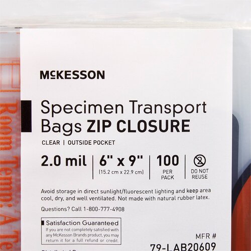 MON547075PK - McKesson - McKesson Specimen Transport Bag with Document Pouch 6 x 9" LDPE Zip Closure Biohazard Symbol / Storage Instructions NonSterile, 100 EA/PK