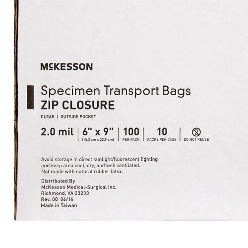MON547075PK - McKesson - McKesson Specimen Transport Bag with Document Pouch 6 x 9" LDPE Zip Closure Biohazard Symbol / Storage Instructions NonSterile, 100 EA/PK