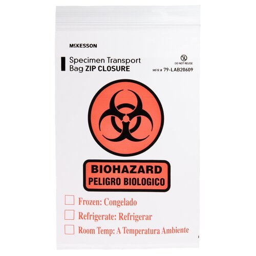 MON547075PK - McKesson - McKesson Specimen Transport Bag with Document Pouch 6 x 9" LDPE Zip Closure Biohazard Symbol / Storage Instructions NonSterile, 100 EA/PK