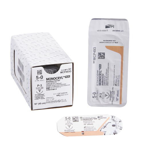 MON547511BX - J & J Healthcare Systems - Absorbable Antibacterial Suture with Needle Monocryl&trade; Plus Poliglecaprone 25 with Irgacare MP Antibacterial Suture P-3 3/8 Circle Precision Reverse Cutting Needle Size 5 - 0