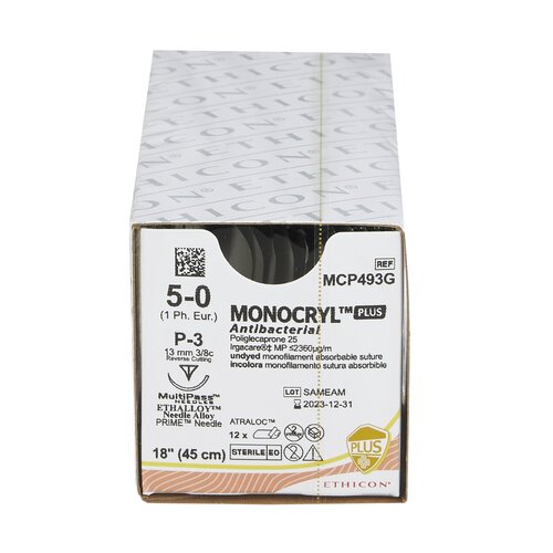 MON547511BX - J & J Healthcare Systems - Absorbable Antibacterial Suture with Needle Monocryl&trade; Plus Poliglecaprone 25 with Irgacare MP Antibacterial Suture P-3 3/8 Circle Precision Reverse Cutting Needle Size 5 - 0