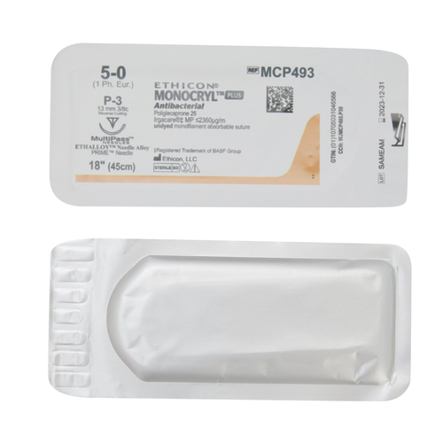 MON547511BX - J & J Healthcare Systems - Absorbable Antibacterial Suture with Needle Monocryl&trade; Plus Poliglecaprone 25 with Irgacare MP Antibacterial Suture P-3 3/8 Circle Precision Reverse Cutting Needle Size 5 - 0