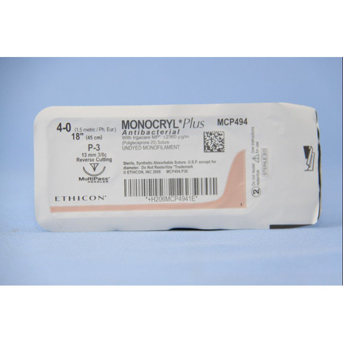 MON547512BX - J & J Healthcare Systems - Absorbable Antibacterial Suture with Needle Monocryl Plus Poliglecaprone 25 with Irgacare MP Antibacterial Suture P-3 3/8 Circle Precision Reverse Cutting Needle Size 4 - 0, 1 Box
