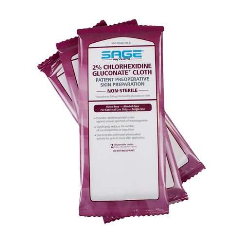 MON550501PK - Sage Products - Sage Products Surgical Scrub Wipe Sage 2 Count Soft Pack 2% Strength CHG (Chlorhexidine Gluconate), 1/PK