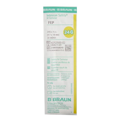 MON628807CS - B. Braun - B. Braun Peripheral IV Catheter Introcan Safety&reg; 24 Gauge 3/4" Sliding Safety Needle, 50 EA/BX, 4BX/CS