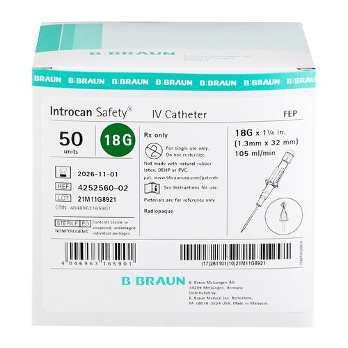 MON629262EA - B. Braun - B. Braun Peripheral IV Catheter Introcan Safety&reg; 18 Gauge 1-1/4" Sliding Safety Needle