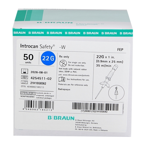 AGO CANNULA STERILE DA 22G 25 mm AZZURRO - INTROCAN SAFETY - Conf. 50pz