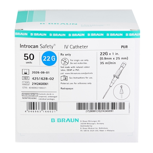 MON629751CS - B. Braun - B. Braun Peripheral IV Catheter Introcan Safety 22 Gauge 1&quot; Sliding Safety Needle, 200 EA/CS