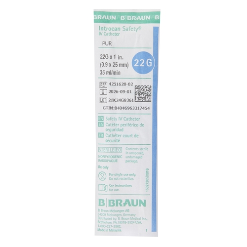 MON629751CS - B. Braun - B. Braun Peripheral IV Catheter Introcan Safety 22 Gauge 1&quot; Sliding Safety Needle, 200 EA/CS