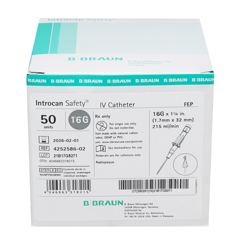 MON630374BX - B. Braun - B. Braun Peripheral IV Catheter Introcan Safety 16 Gauge 1.25&quot; Sliding Safety Needle, 50 EA/BX