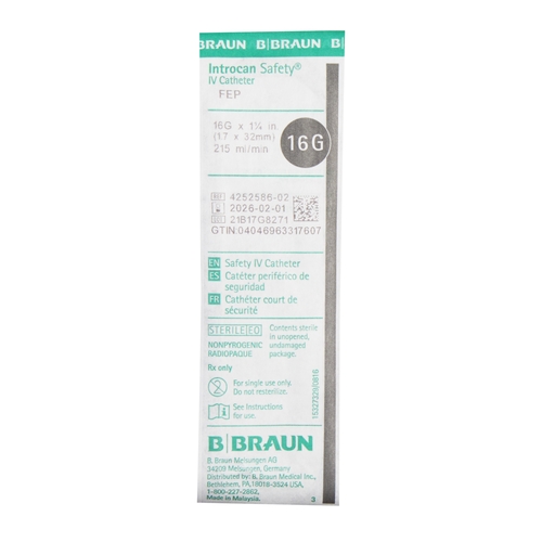 MON630374BX - B. Braun - B. Braun Peripheral IV Catheter Introcan Safety 16 Gauge 1.25&quot; Sliding Safety Needle, 50 EA/BX