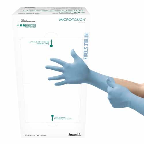 MON640515CS - Ansell - Ansell Exam Glove Micro-Touch Small Sterile Pair Nitrile Extended Cuff Length Textured Fingertips Blue Chemo Tested, 4 per Case