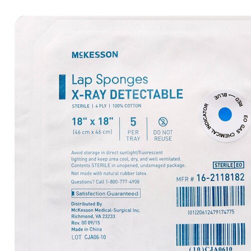 MON640985CS - McKesson - McKesson Surgical Laparotomy Sponge X-Ray Detectable Cotton 18 X 18 Inch 5 Count Hard Pack Sterile, 100/CS