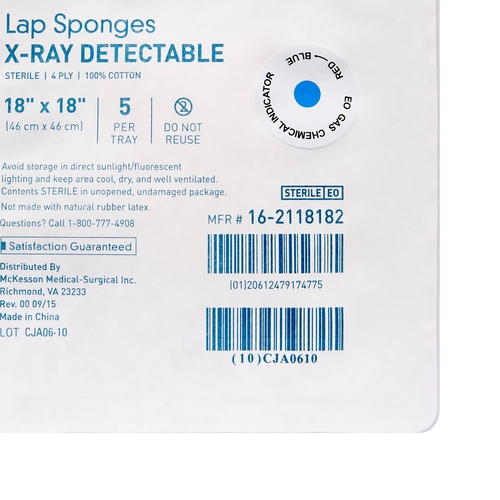 MON640985CS - McKesson - McKesson Surgical Laparotomy Sponge X-Ray Detectable Cotton 18 X 18 Inch 5 Count Hard Pack Sterile, 100/CS