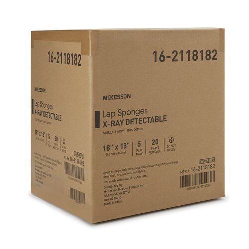 MON640985CS - McKesson - McKesson Surgical Laparotomy Sponge X-Ray Detectable Cotton 18 X 18 Inch 5 Count Hard Pack Sterile, 100/CS