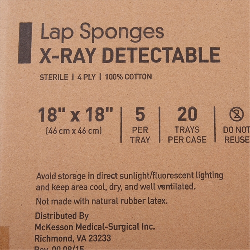 MON640985CS - McKesson - McKesson Surgical Laparotomy Sponge X-Ray Detectable Cotton 18 X 18 Inch 5 Count Hard Pack Sterile, 100/CS