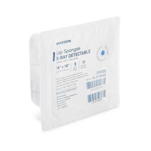 MON640985CS - McKesson - McKesson Surgical Laparotomy Sponge X-Ray Detectable Cotton 18 X 18 Inch 5 Count Hard Pack Sterile, 100/CS