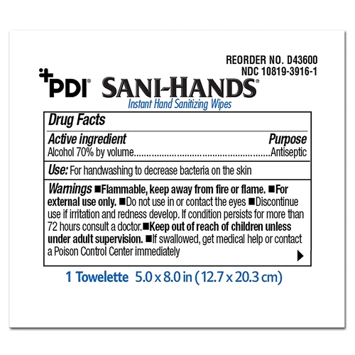 MON642392CS - PDI - PDI Sani-Hands&reg; Hand Sanitizing Wipes, 100 Count, Ethyl Alcohol, Wipe, Individual Packet, 1000/CS