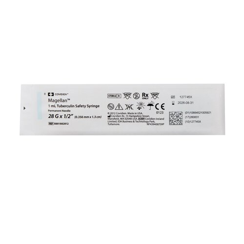 MON661685EA - Covidien - Covidien Tuberculin Syringe with Needle Magellan&reg; 1 mL 28 Gauge 1/2" Attached Sliding Safety Needle