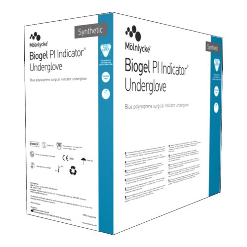 MON689033CS - Molnlycke Healthcare - Molnlycke Healthcare Surgical Underglove Biogel PI Indicator Underglove Size 7 Sterile Polyisoprene Standard Cuff Length Smooth Blue Chemo Tested, 200/CS