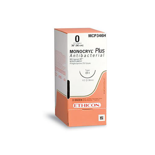 MON697590BX - J & J Healthcare Systems - Absorbable Antibacterial Suture with Needle Monocryl&trade; Plus Poliglecaprone 25 with Irgacare MP Antibacterial Suture PS-1 3/8 Circle Reverse Cutting Needle Size 3 - 0