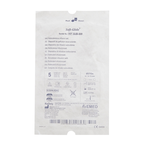 MON802893BX - EMED Technologies - Subcutaneous Infusion Set Sub-Q 27 Gauge 9 mm 36" Tubing Without Port, 10 EA/BX